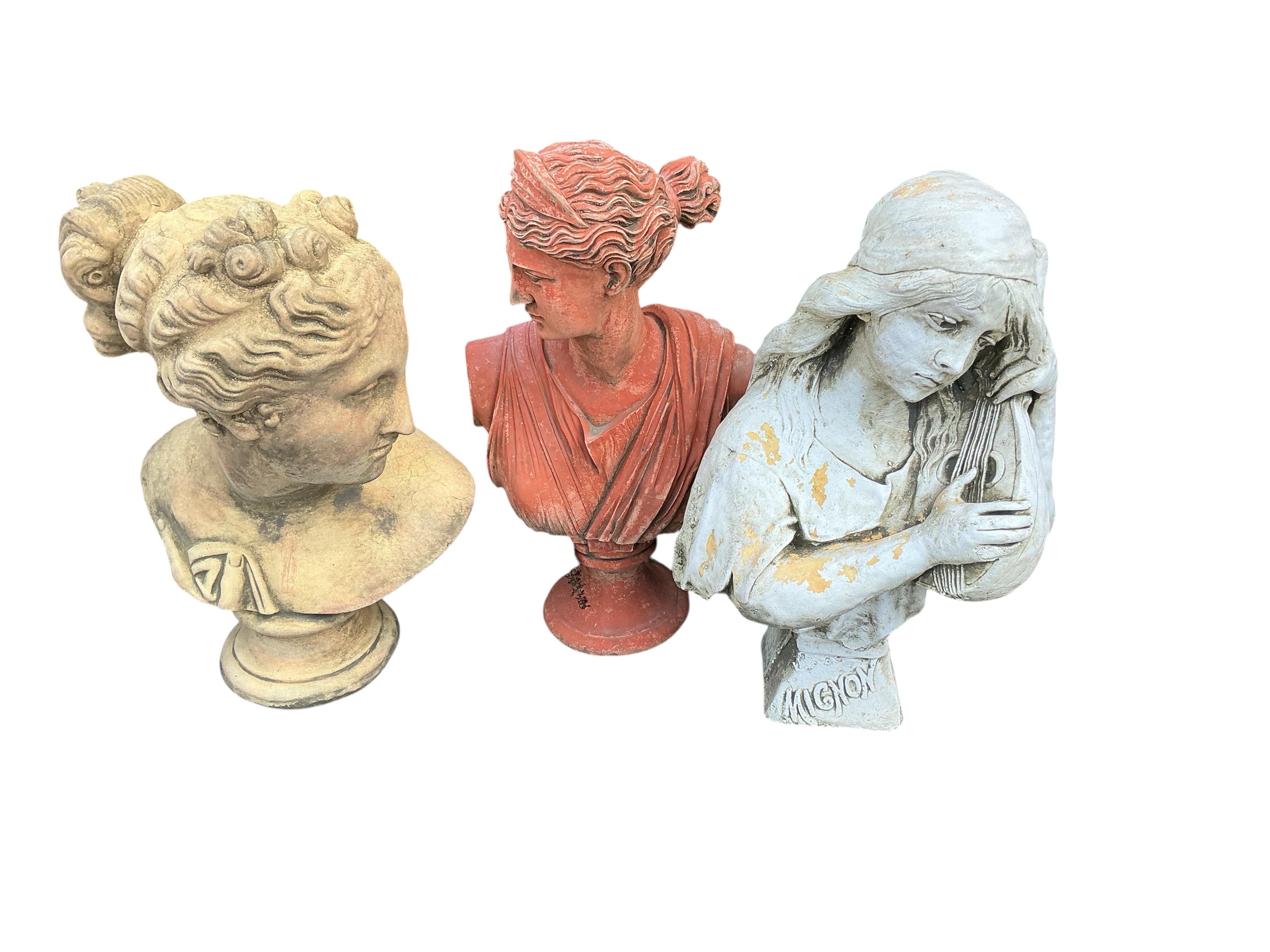 Three stone classical female busts, largest height 52cm
